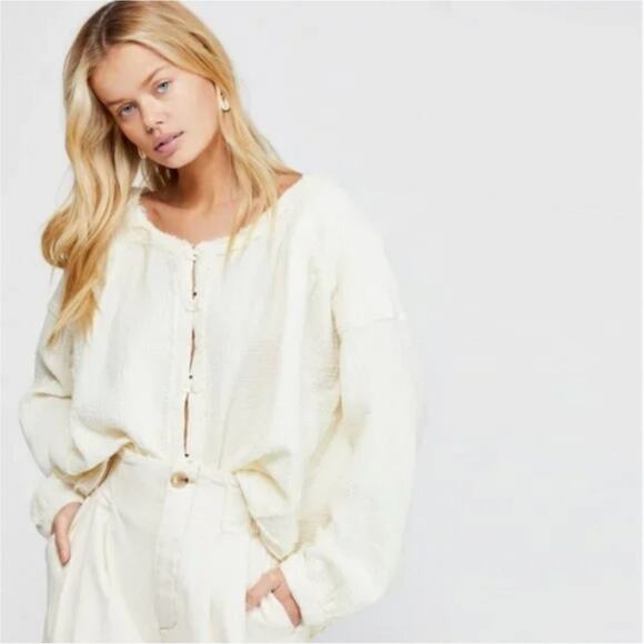 Free People Moving Mountains Cream Gauzy Button-Front Blouse - Picture 1 of 7